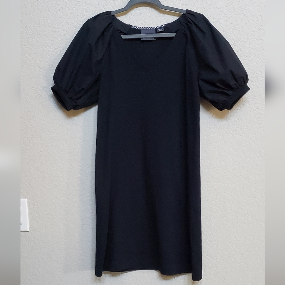 Maeve Anthropologie Black Ribbed Tshirt Poplin Puff Sleeve Mini Dress Cotton EUC